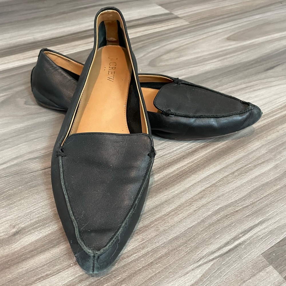J.CREW Leather Flats 8 Black Pointed Toe Slip On Shoes Loafers Ballet Preppy
